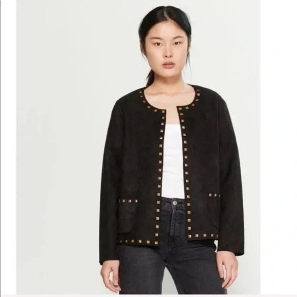 Carmen Marc Valvo Black Studded Faux Suede Jacket Womens Size Small Luxe Blazer
